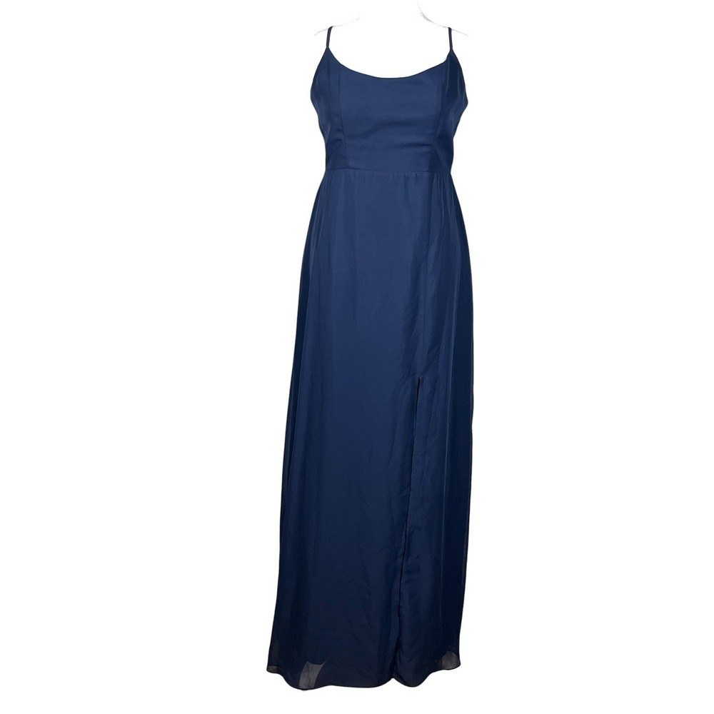NWT Birdy Gray Amy Bridesmaid Dress Size L Navy Chiffon Maxi Slit Gala Hoco
